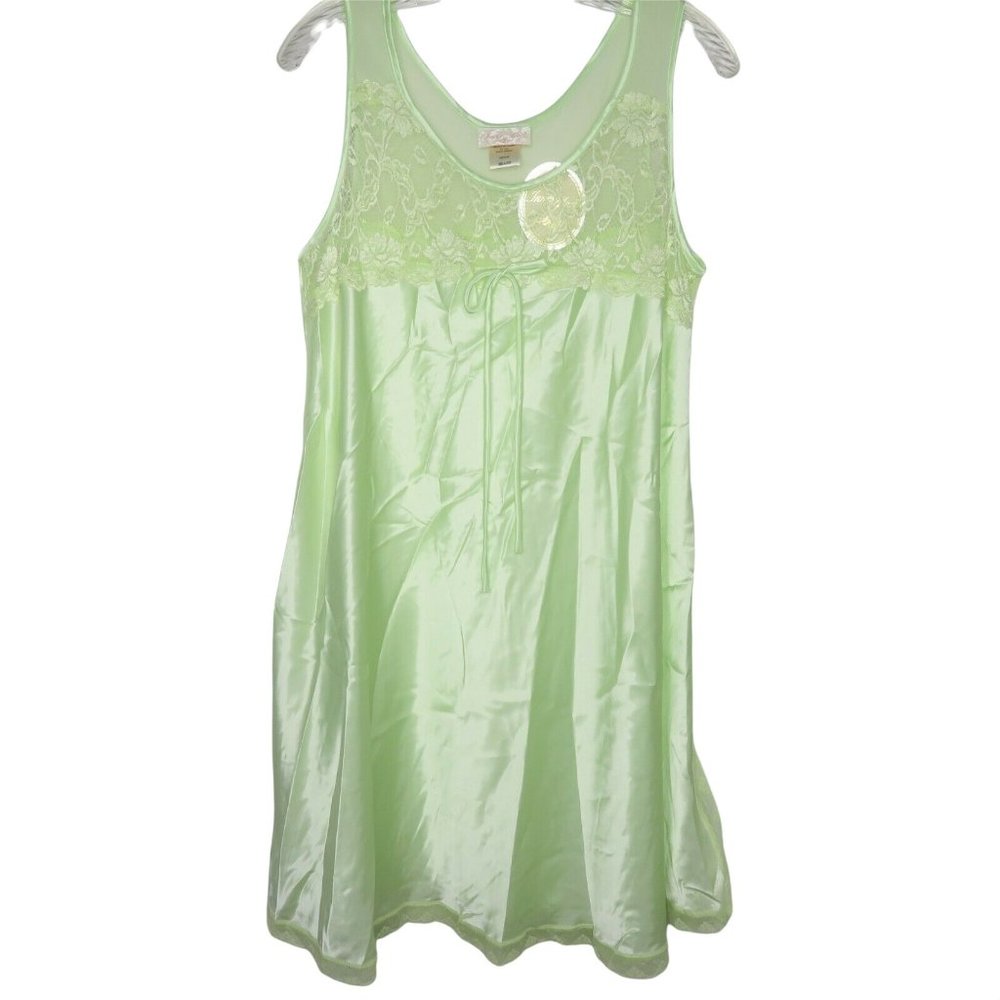 Vintage Inner Most Sears Nightgown M Green Satin Lace Knee Length Sleeveless NWT